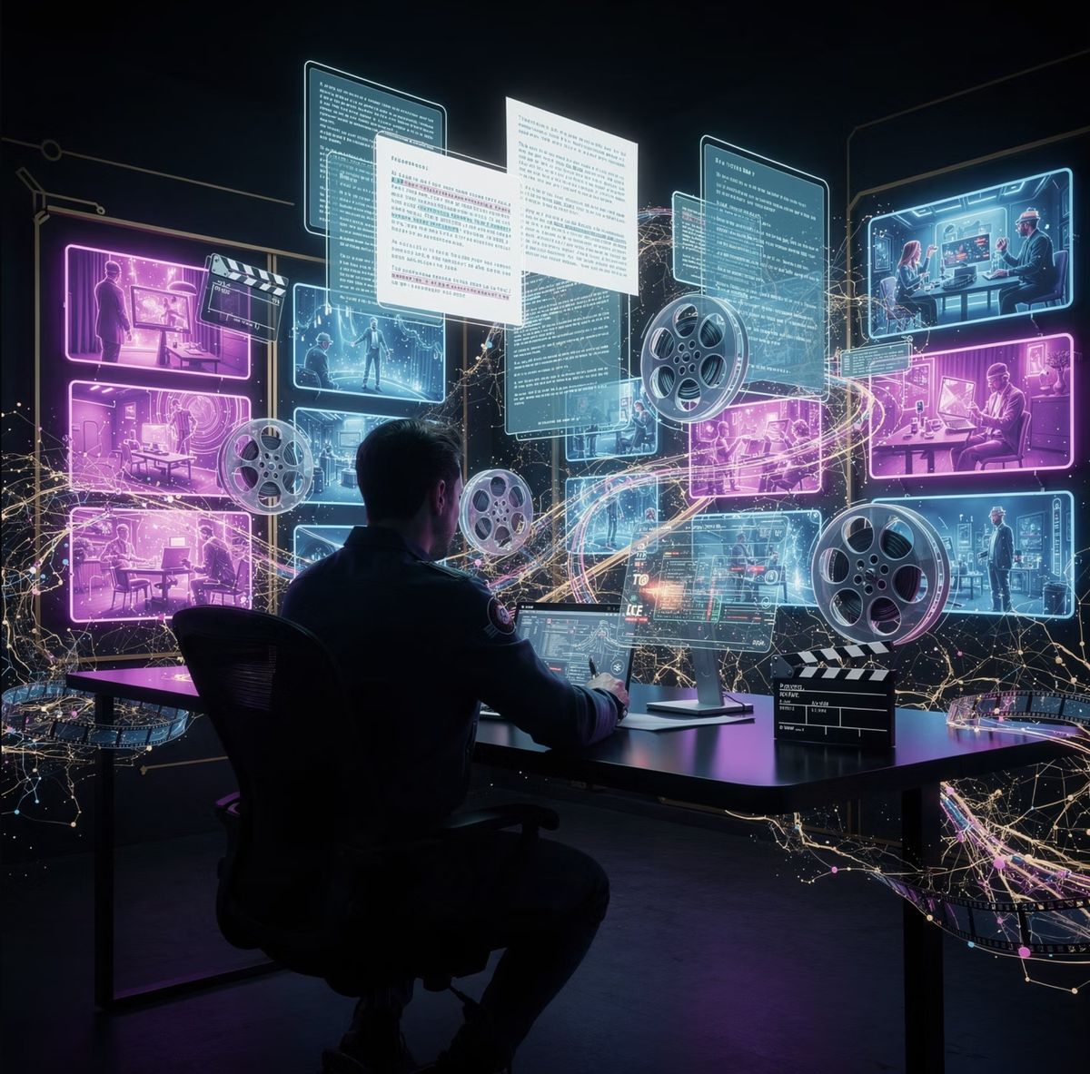 Creator working with an AI script agent on multiple screens
